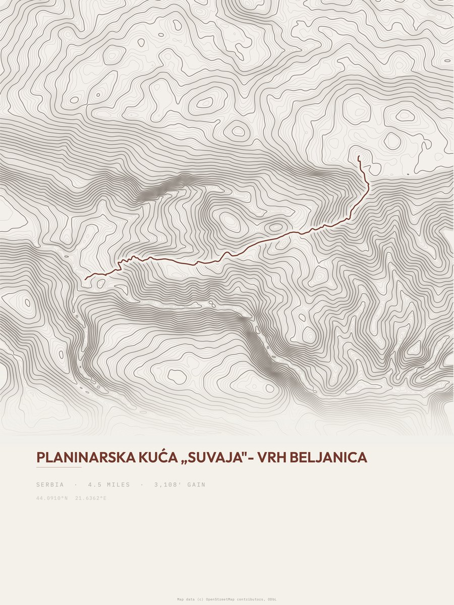 Vrh Beljanica topographic trail print