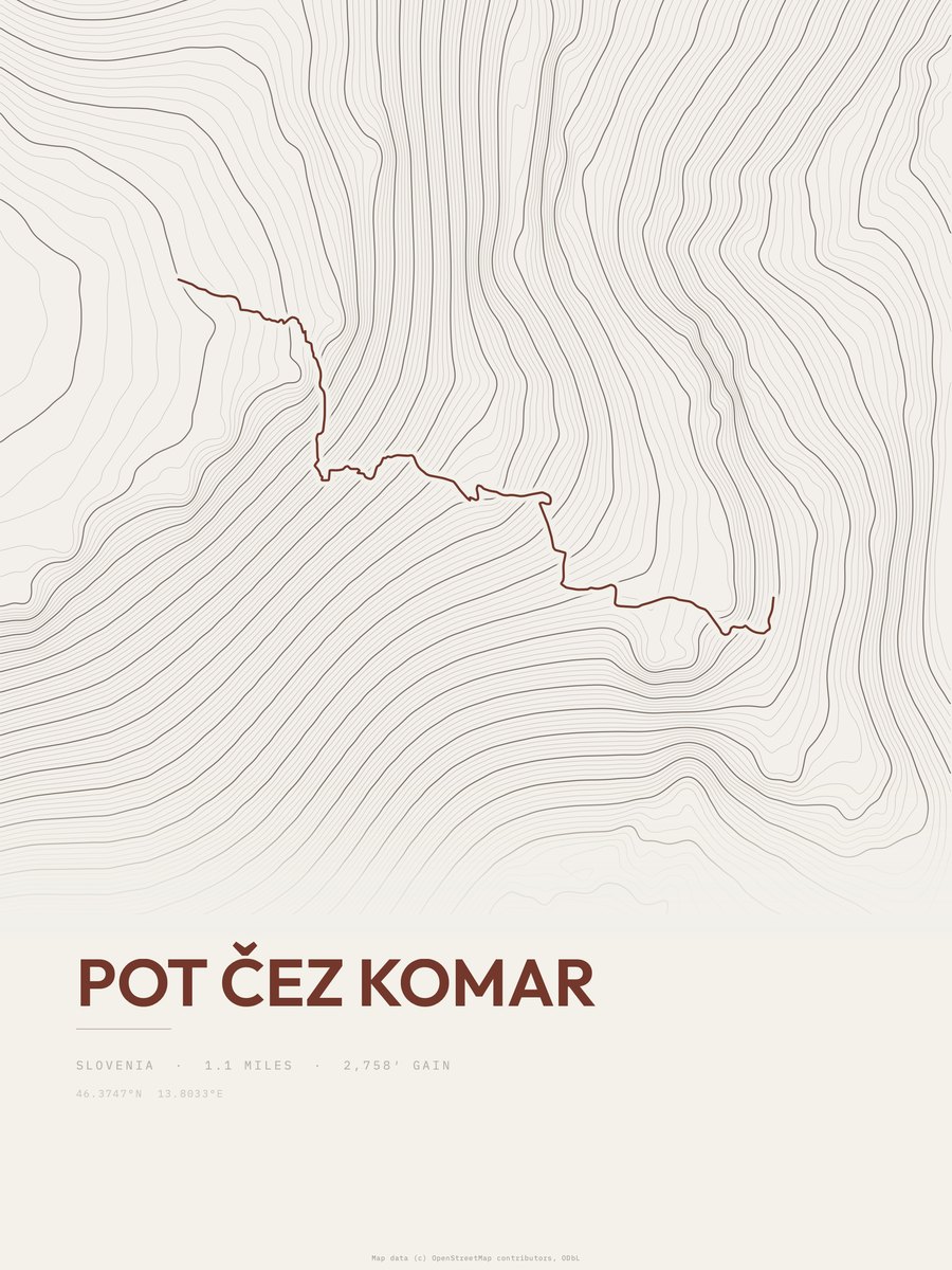 Pot čez Komar topographic trail print