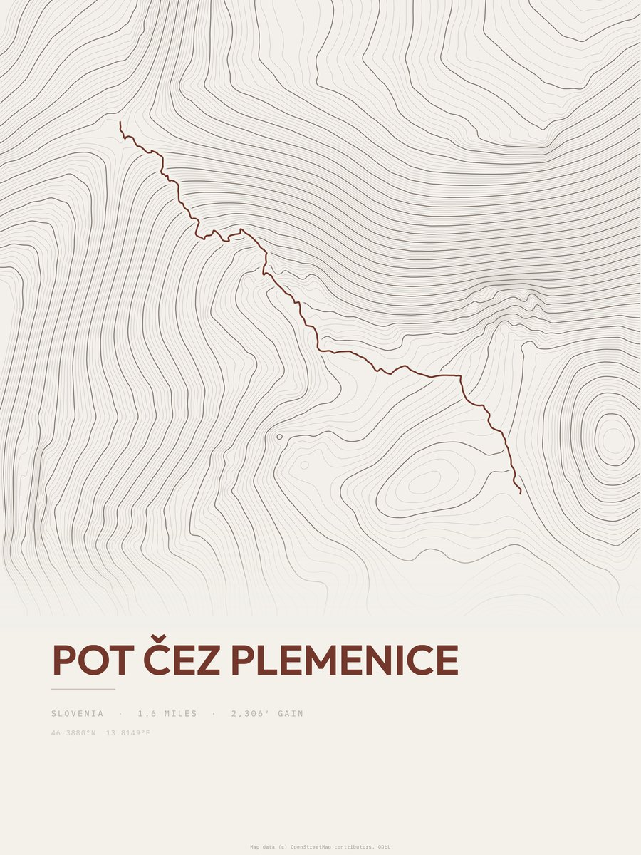 Pot čez Plemenice topographic trail print