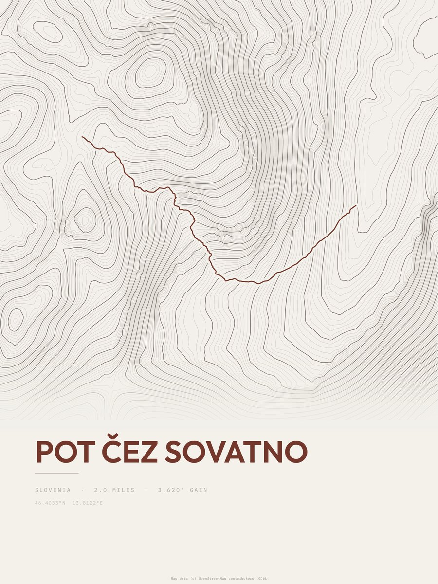Pot čez Sovatno topographic trail print