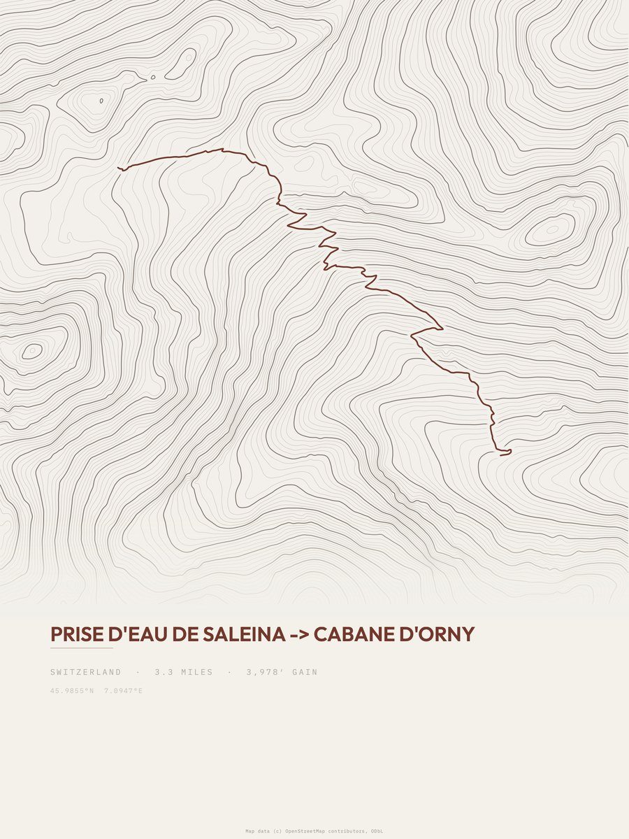 Cabane d'Orny topographic trail print
