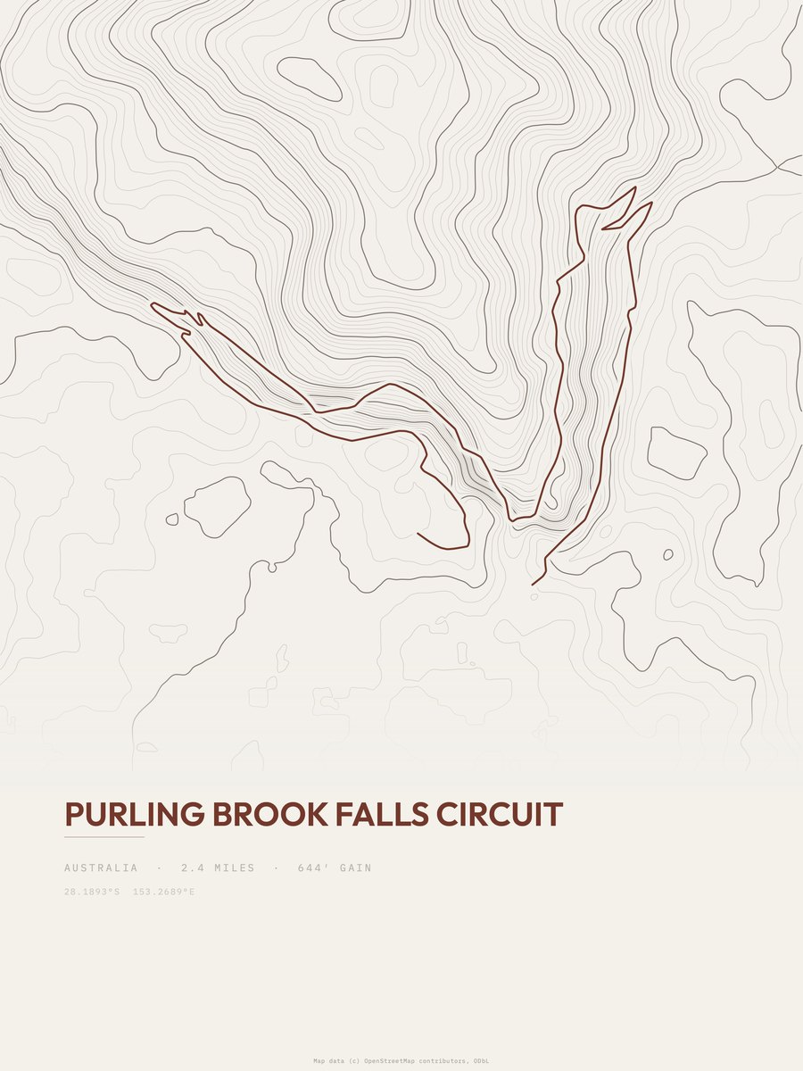 Purling Brook Falls Circuit topographic trail print