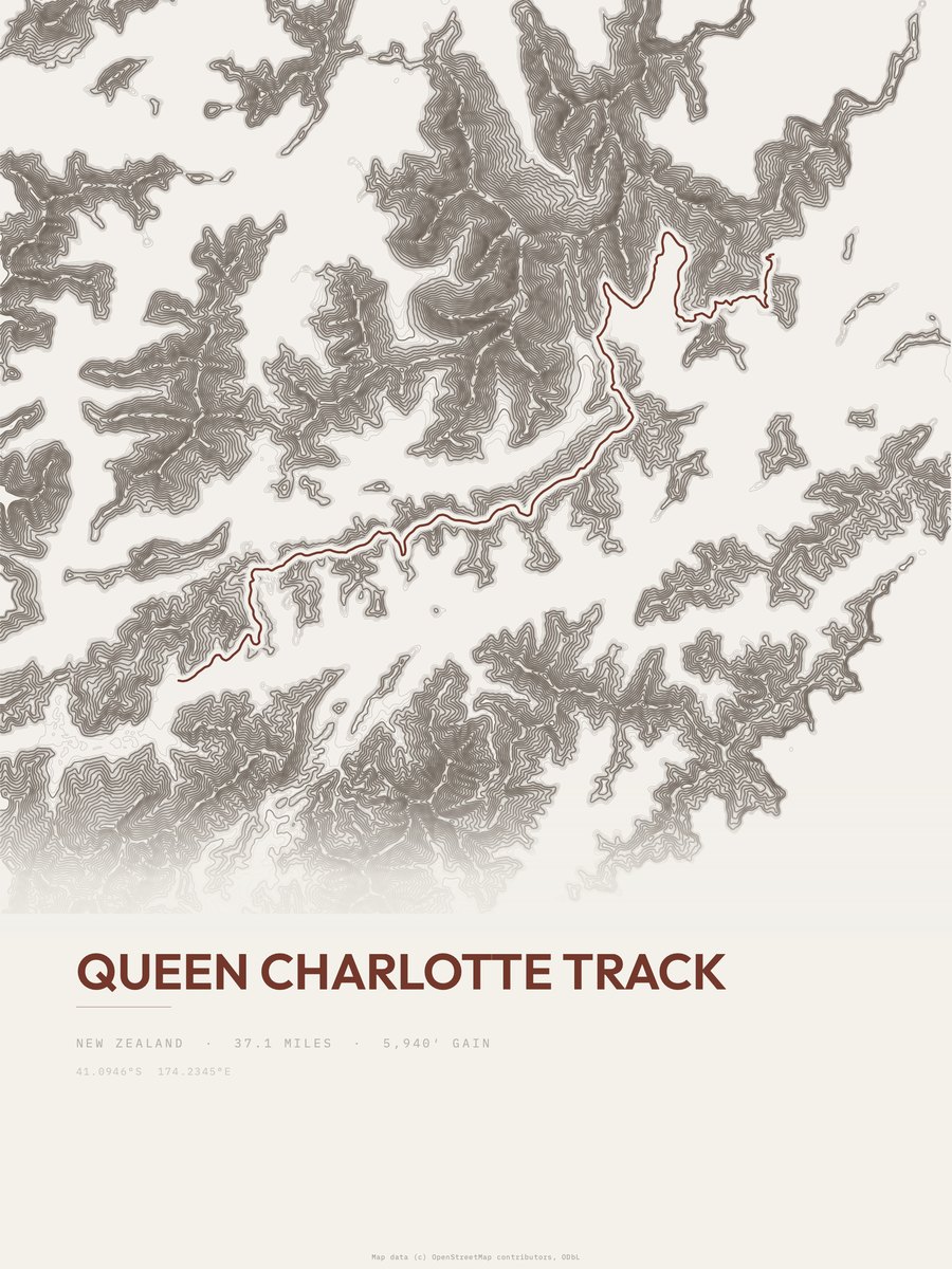 Queen Charlotte Track topographic trail print