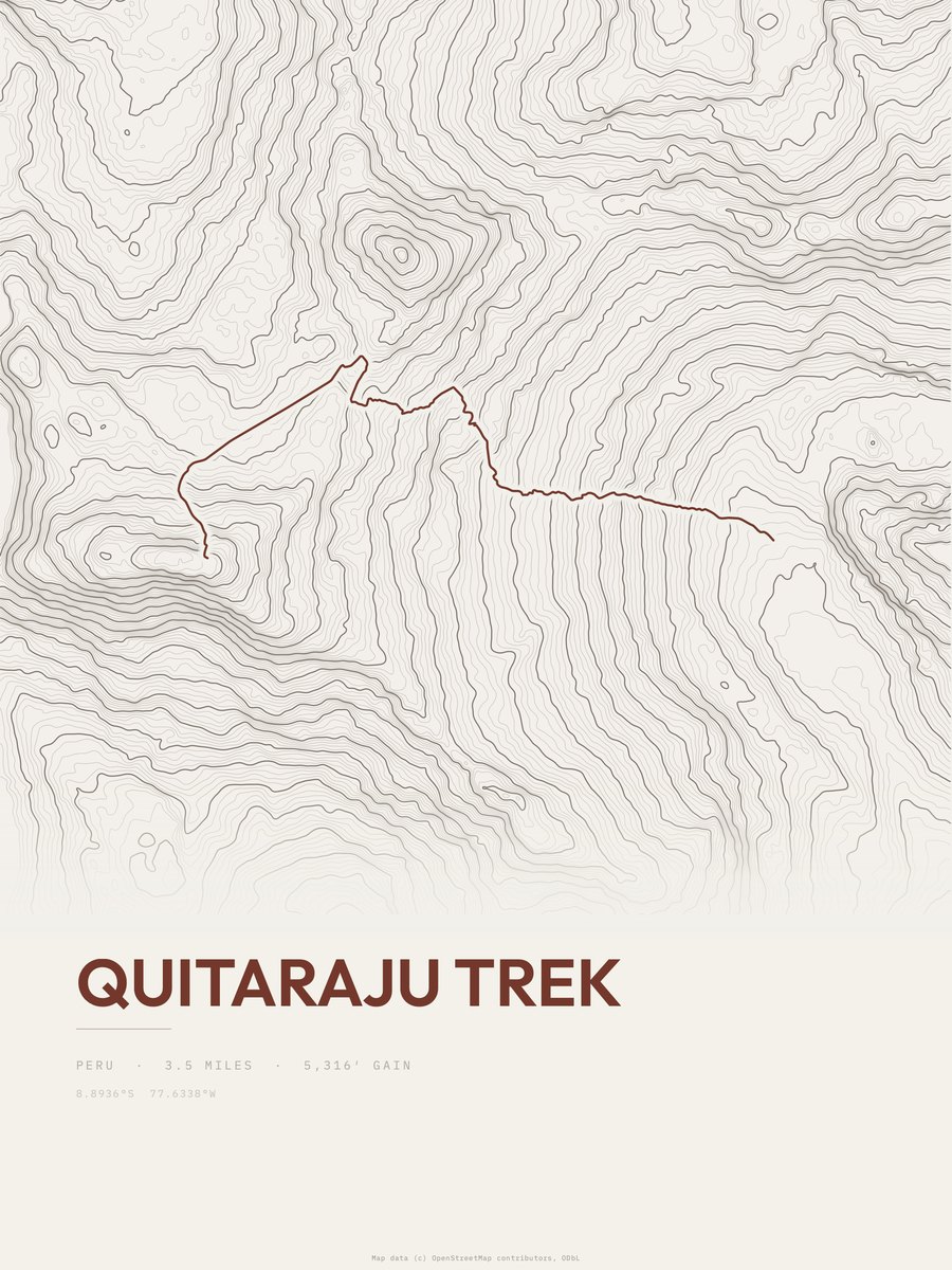 Quitaraju Trek topographic trail print