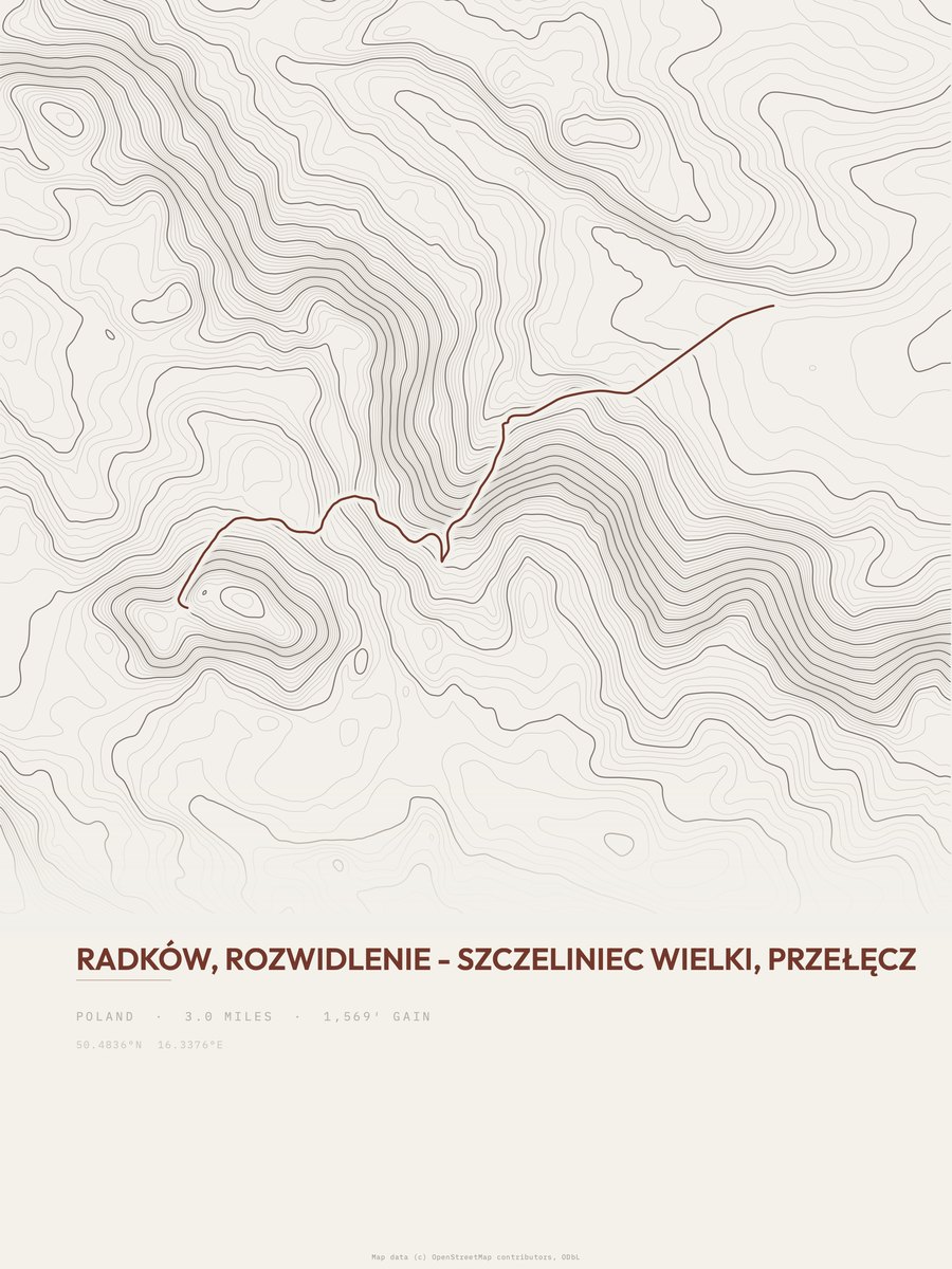 Radków to Szczeliniec Wielki topographic trail print