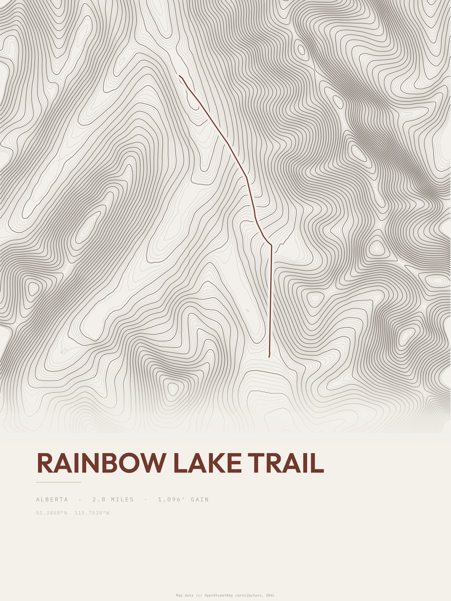 Rainbow Lake Trail Topographic print