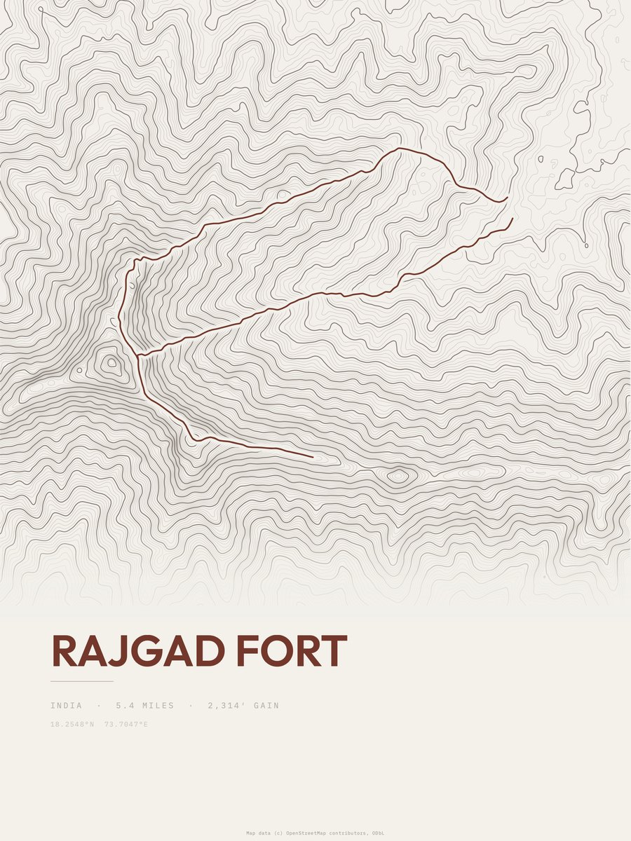 Rajgad Fort topographic trail print