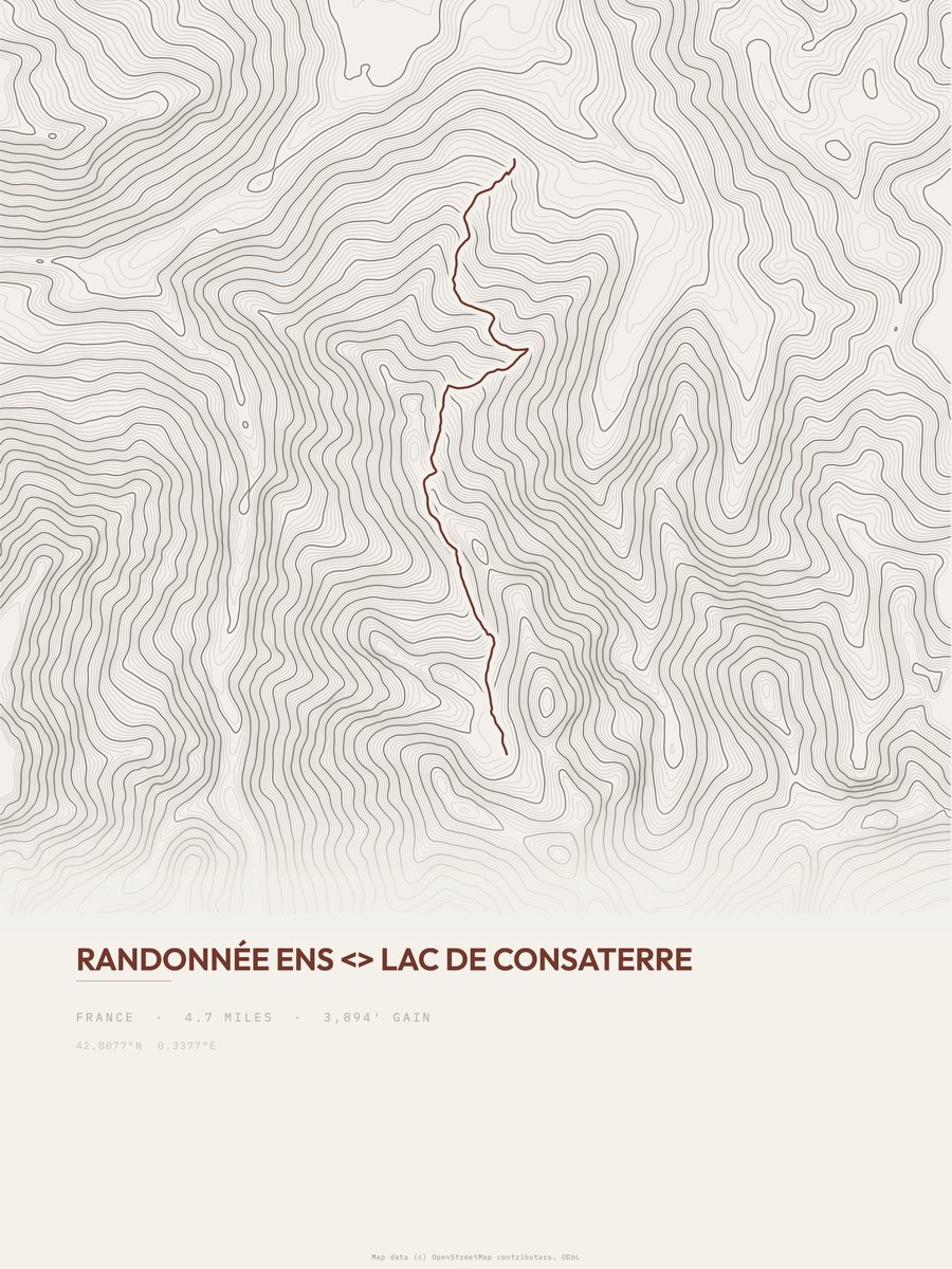 Ens to Lac de Consaterre topographic trail print