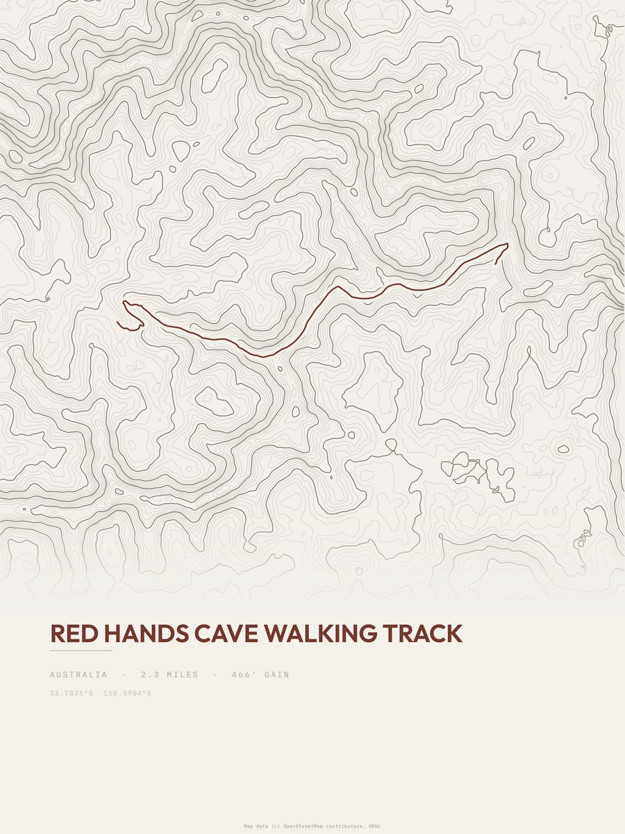 Red Hands Cave Walking Track topographic trail print