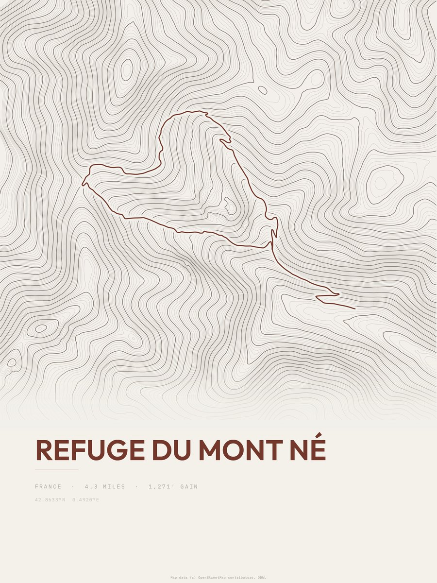 Refuge du Mont Né topographic trail print