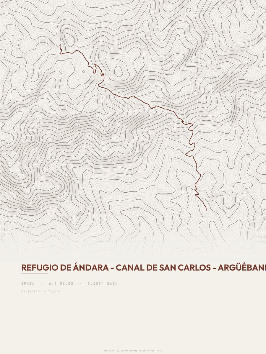 Refugio de Ándara to Argüébanes topographic trail print