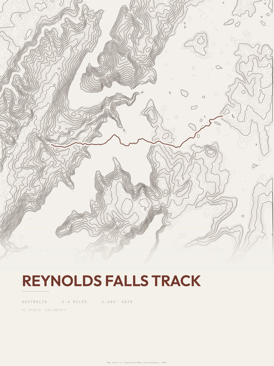 Reynolds Falls Track topographic trail print