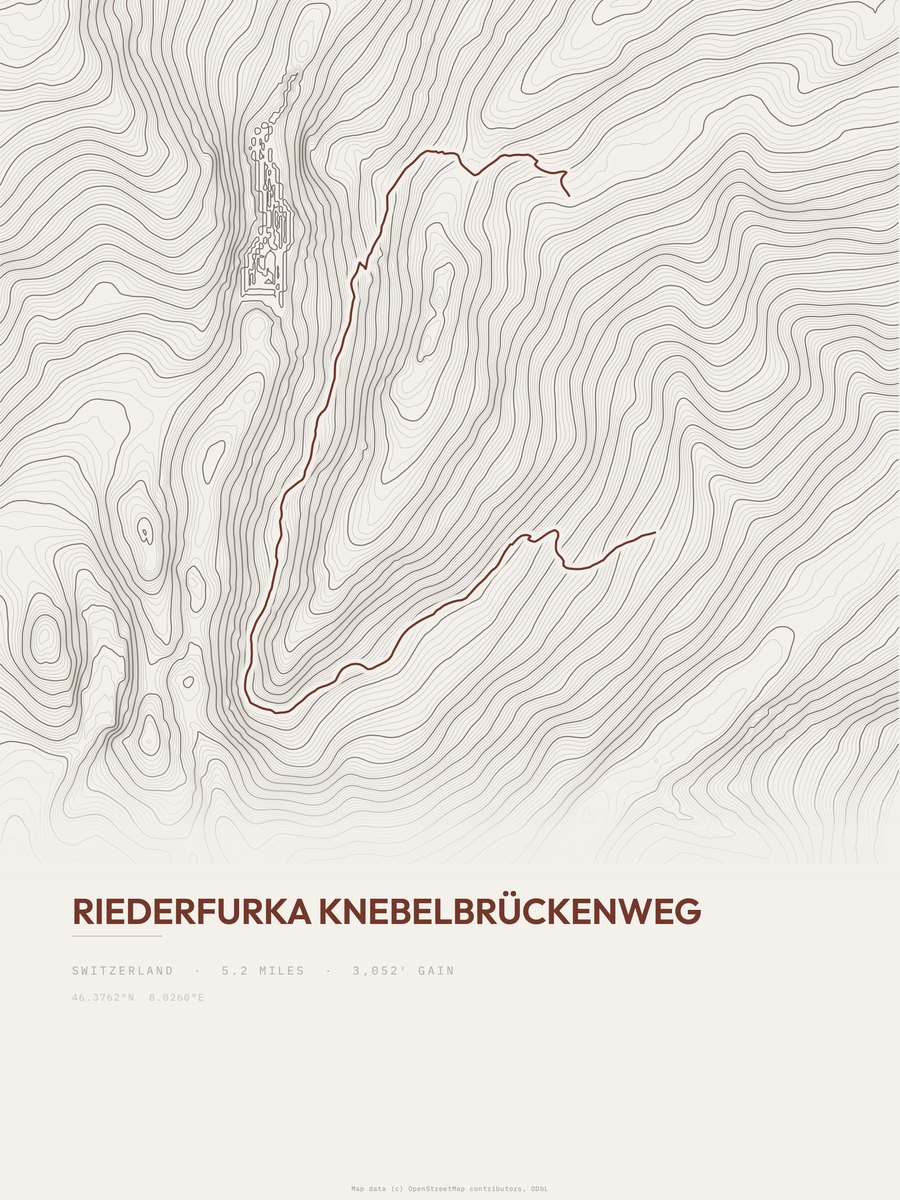 Riederfurka Knebelbrückenweg topographic trail print