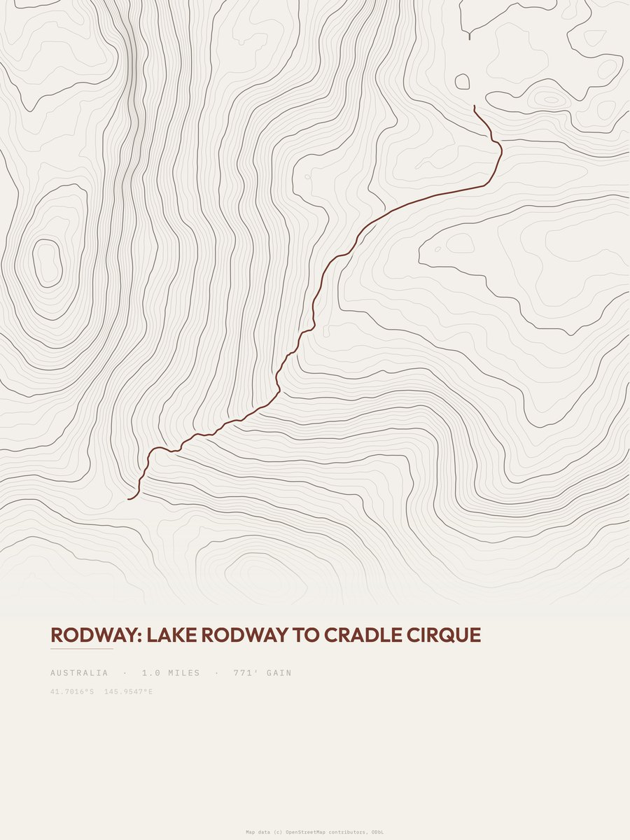 Lake Rodway to Cradle Cirque topographic trail print