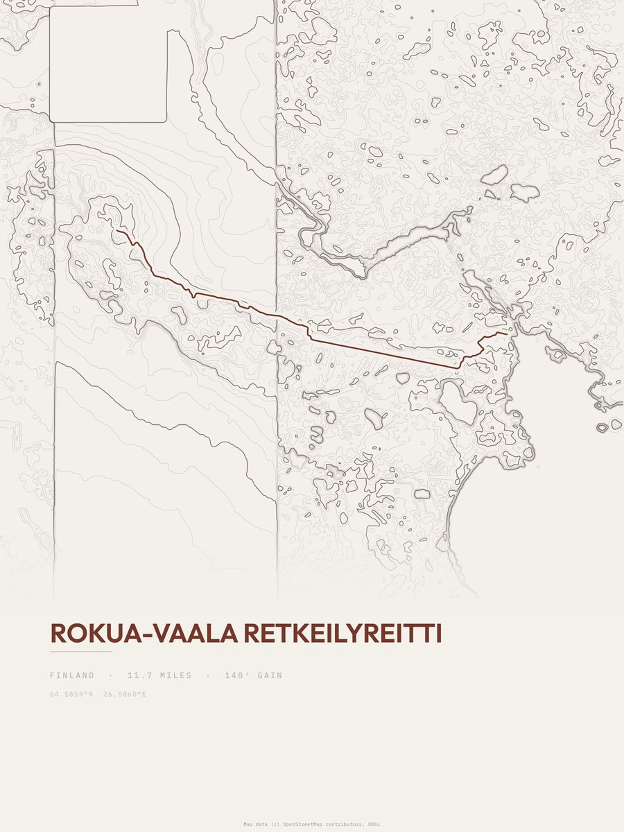 Rokua-Vaala retkeilyreitti topographic trail print