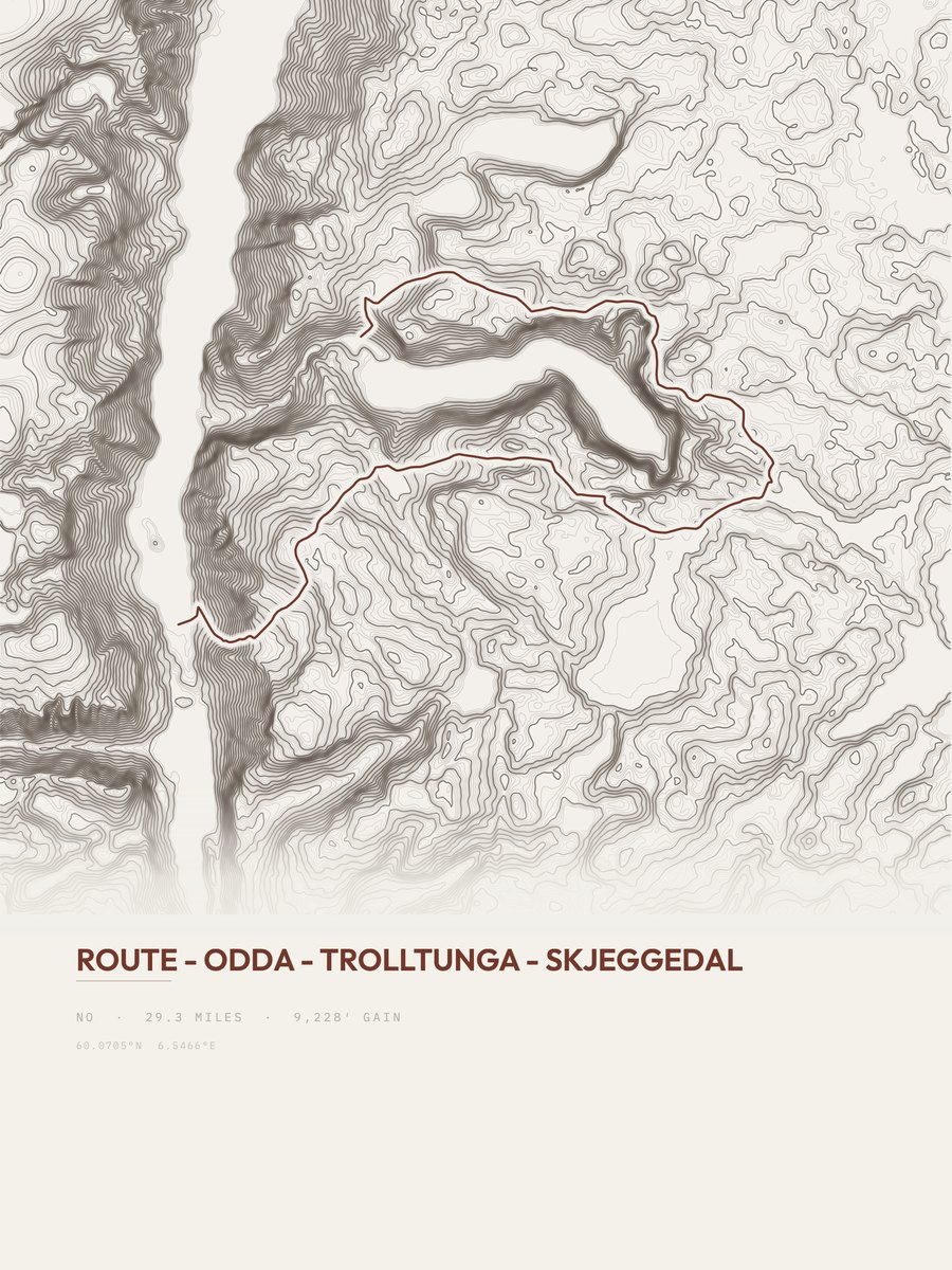 Odda to Skjeggedal topographic trail print