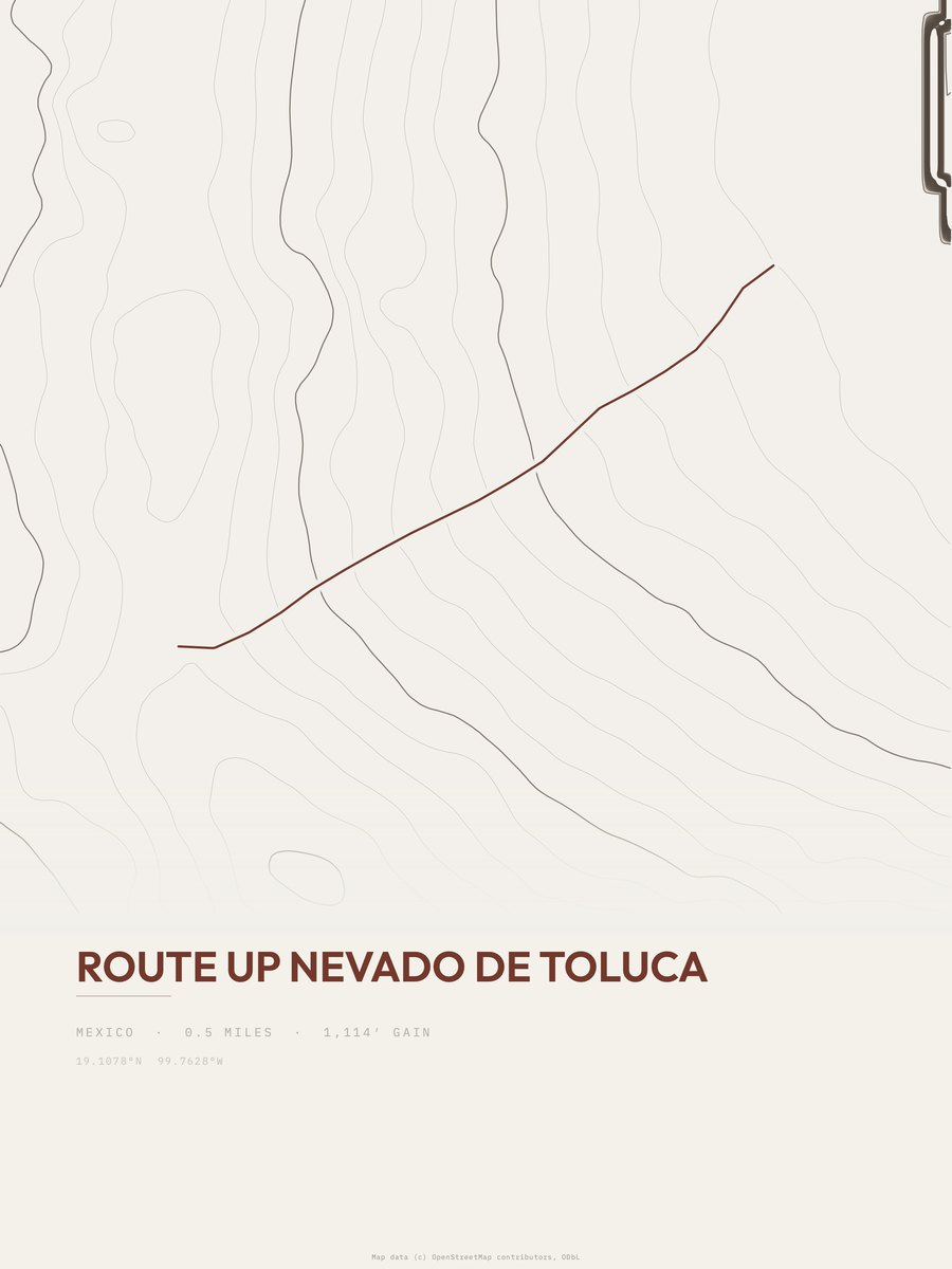 Route Up Nevado de Toluca topographic trail print
