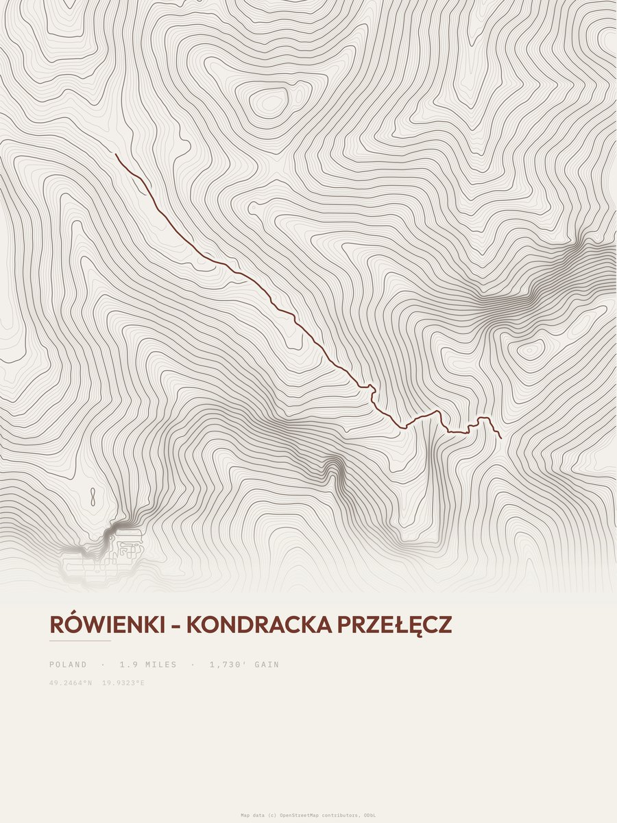 Rówienki - Kondracka Przełęcz topographic trail print