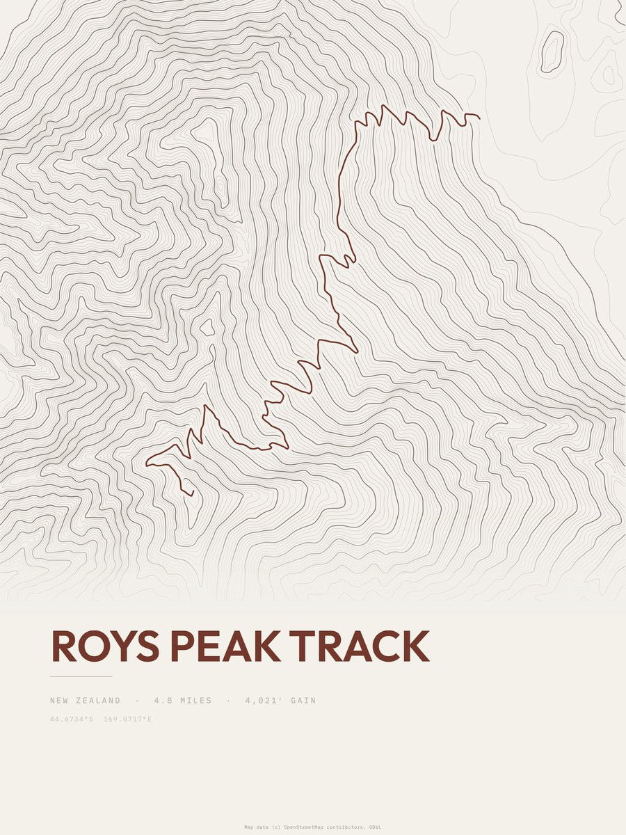 Roys Peak Track Topographic print
