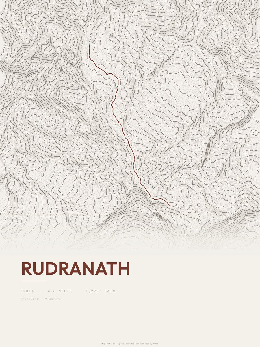 Rudranath topographic trail print