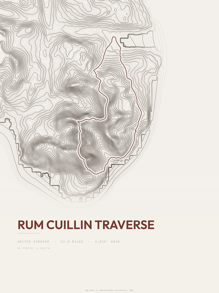 Rum Cuillin traverse topographic trail print