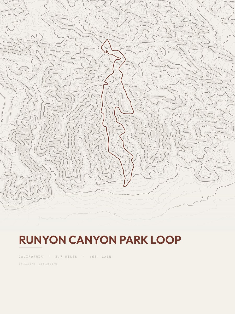 Runyon Canyon Park Loop topographic trail print