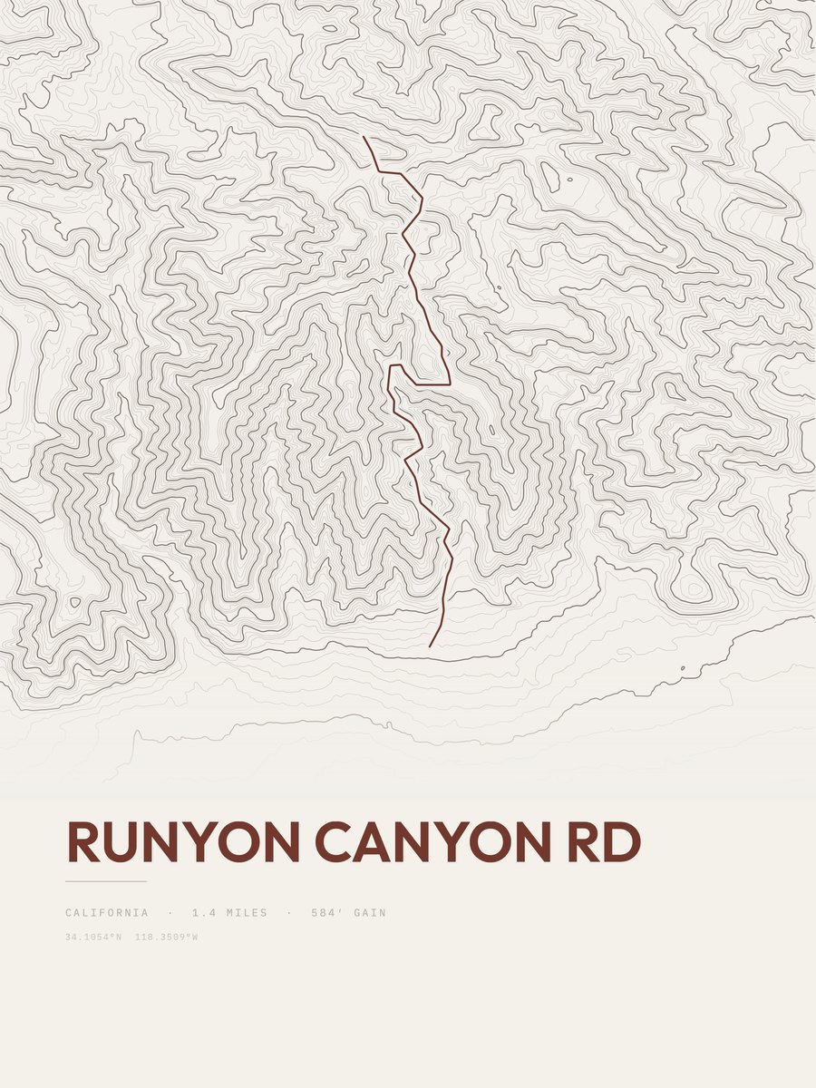 Runyon Canyon Rd topographic trail print