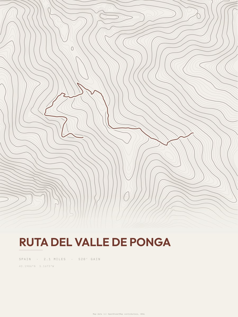 Ruta del Valle de Ponga Topographic print