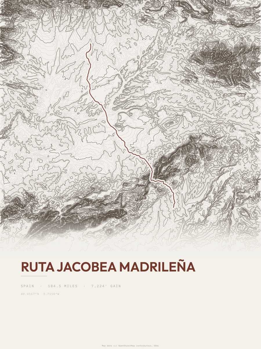 Ruta Jacobea Madrileña topographic trail print