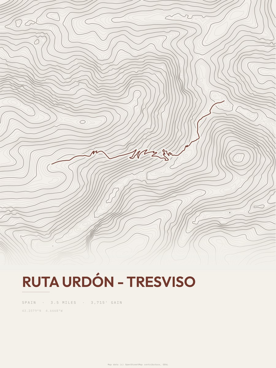 Urdón to Tresviso topographic trail print