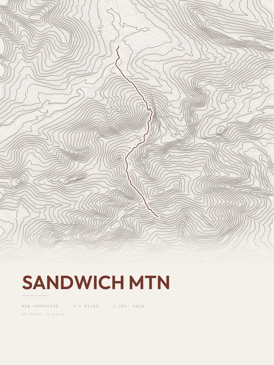 Sandwich Mountain topographic trail print