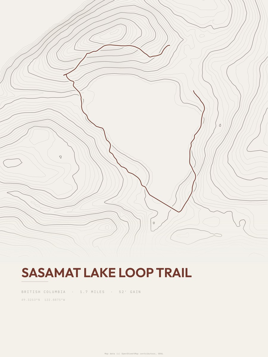 Sasamat Lake Loop Trail topographic trail print