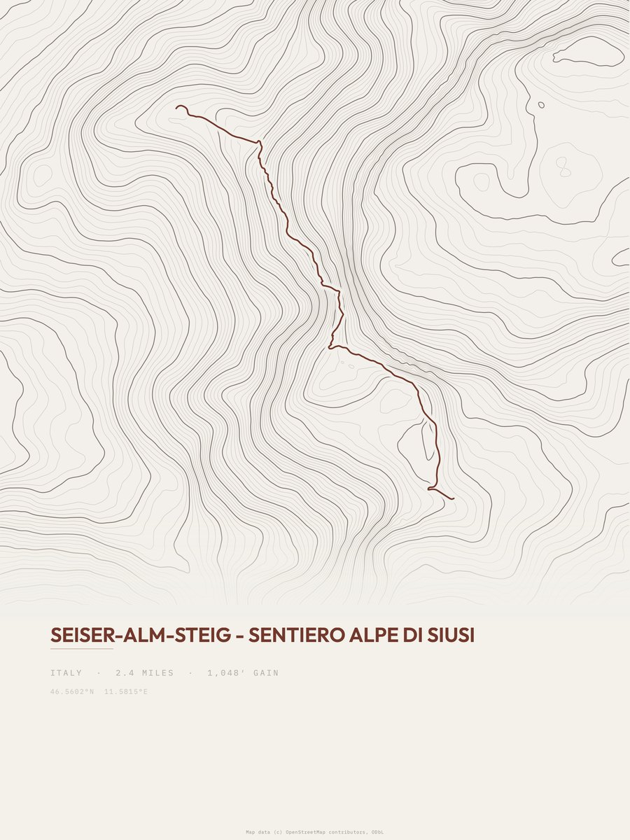 Sentiero Alpe di Siusi topographic trail print