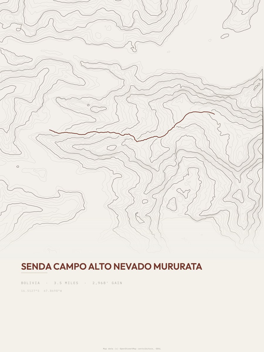 Senda Campo Alto Nevado Mururata topographic trail print