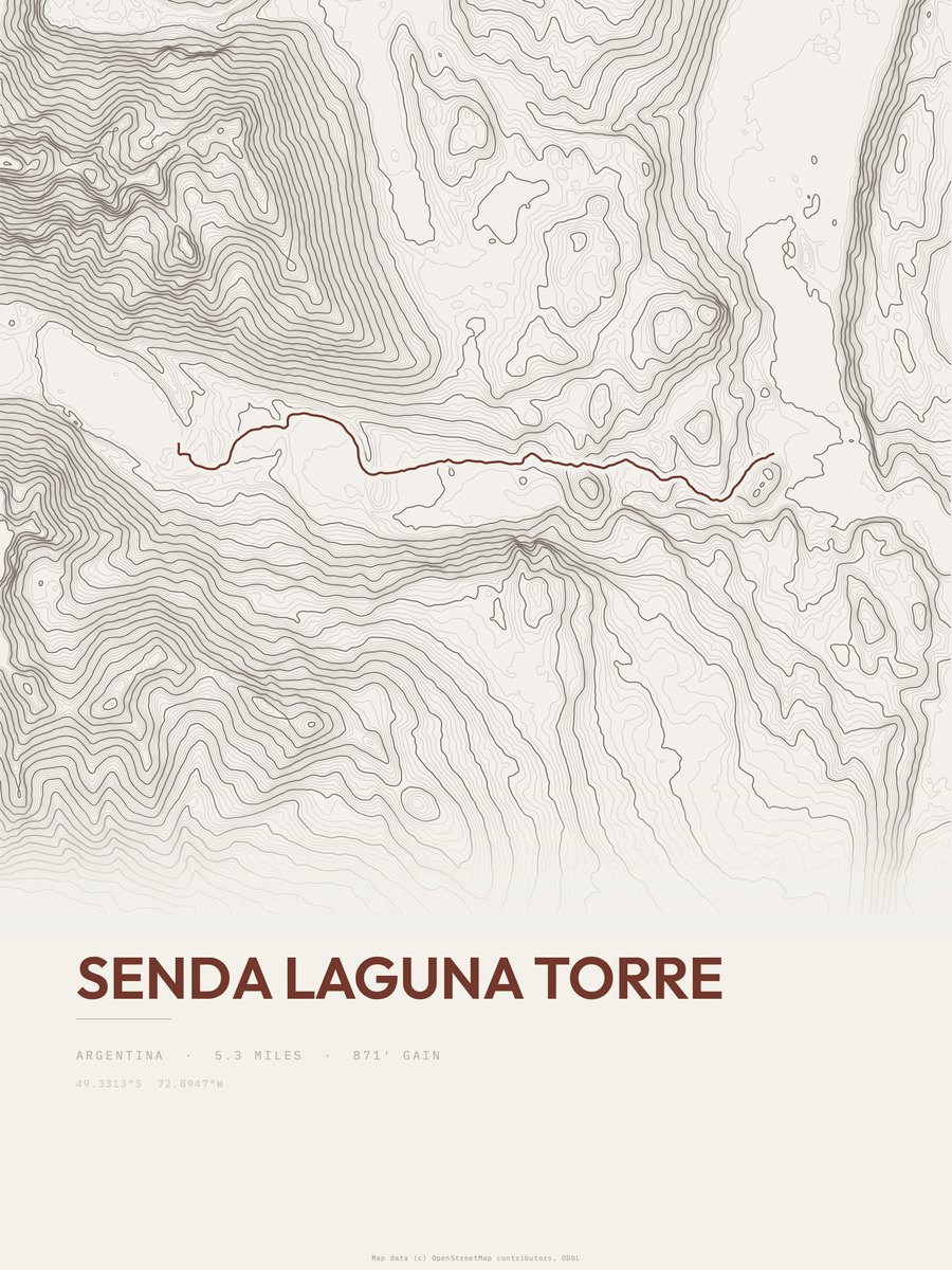 Senda Laguna Torre topographic trail print