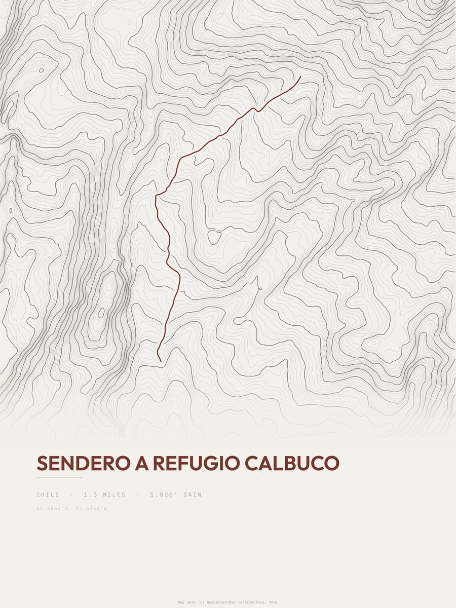 Sendero a Refugio Calbuco topographic trail print