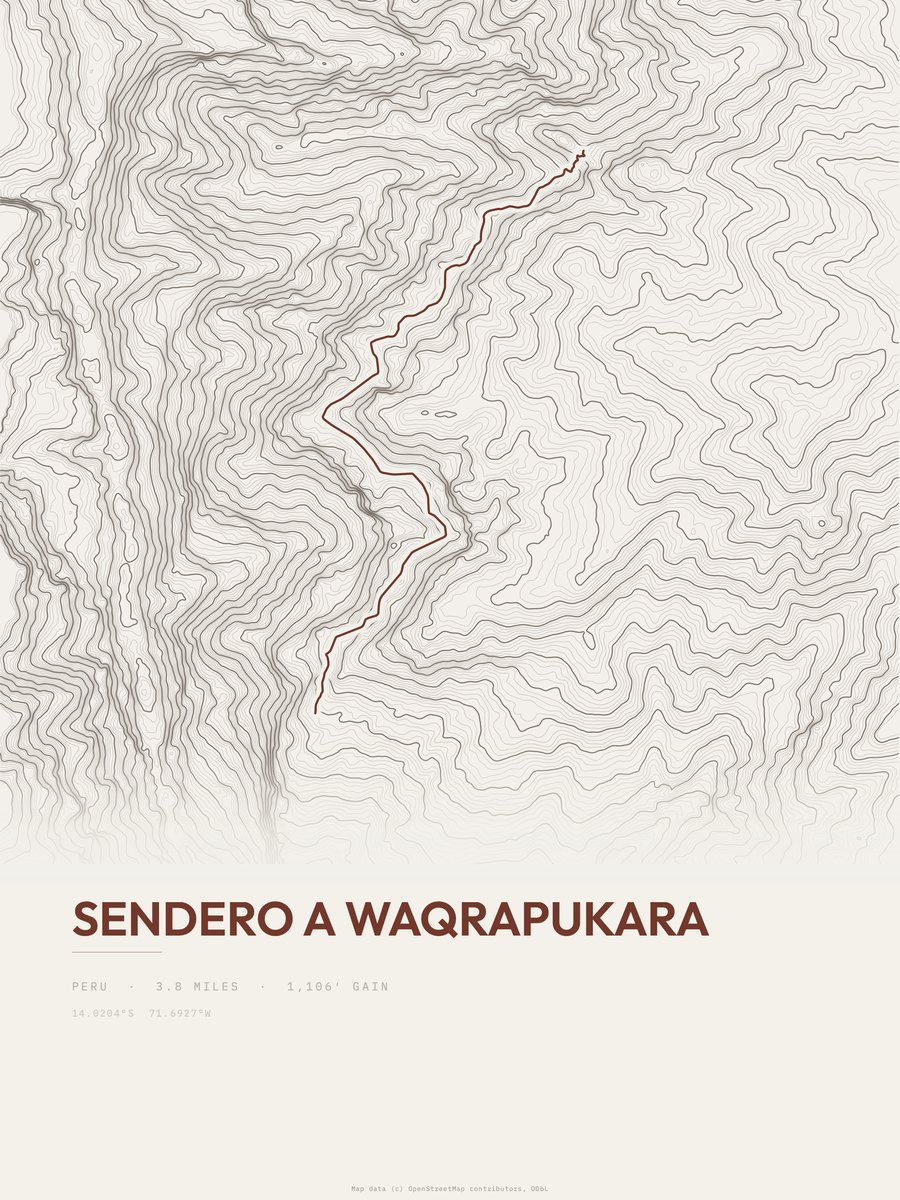 Sendero a Waqrapukara topographic trail print