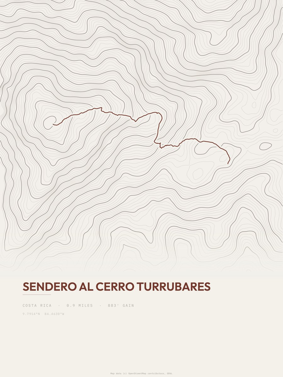 Sendero al Cerro Turrubares topographic trail print