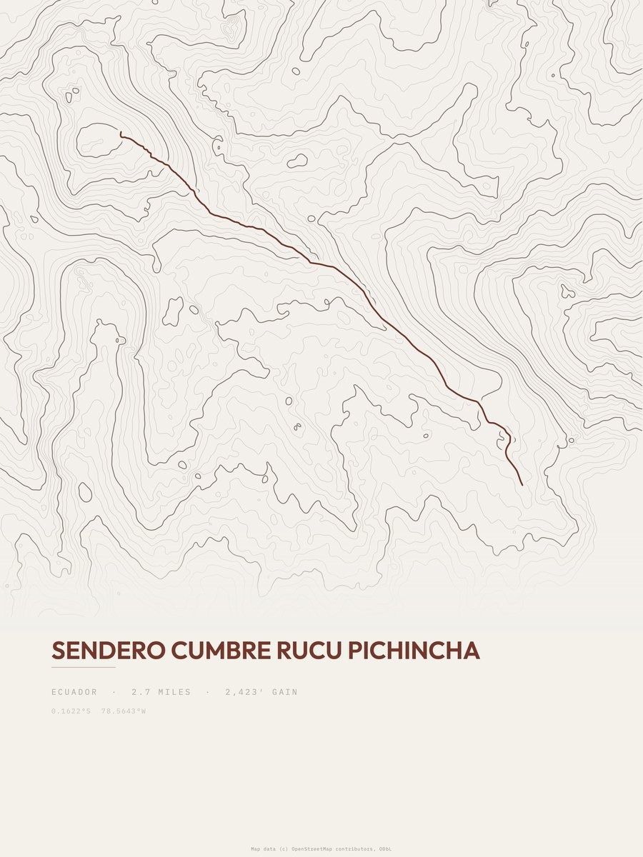 Sendero Cumbre Rucu Pichincha topographic trail print