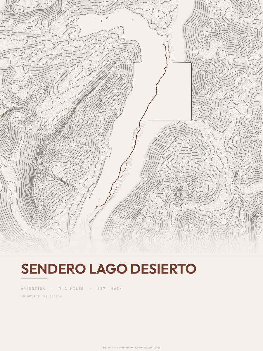 Sendero Lago Desierto topographic trail print