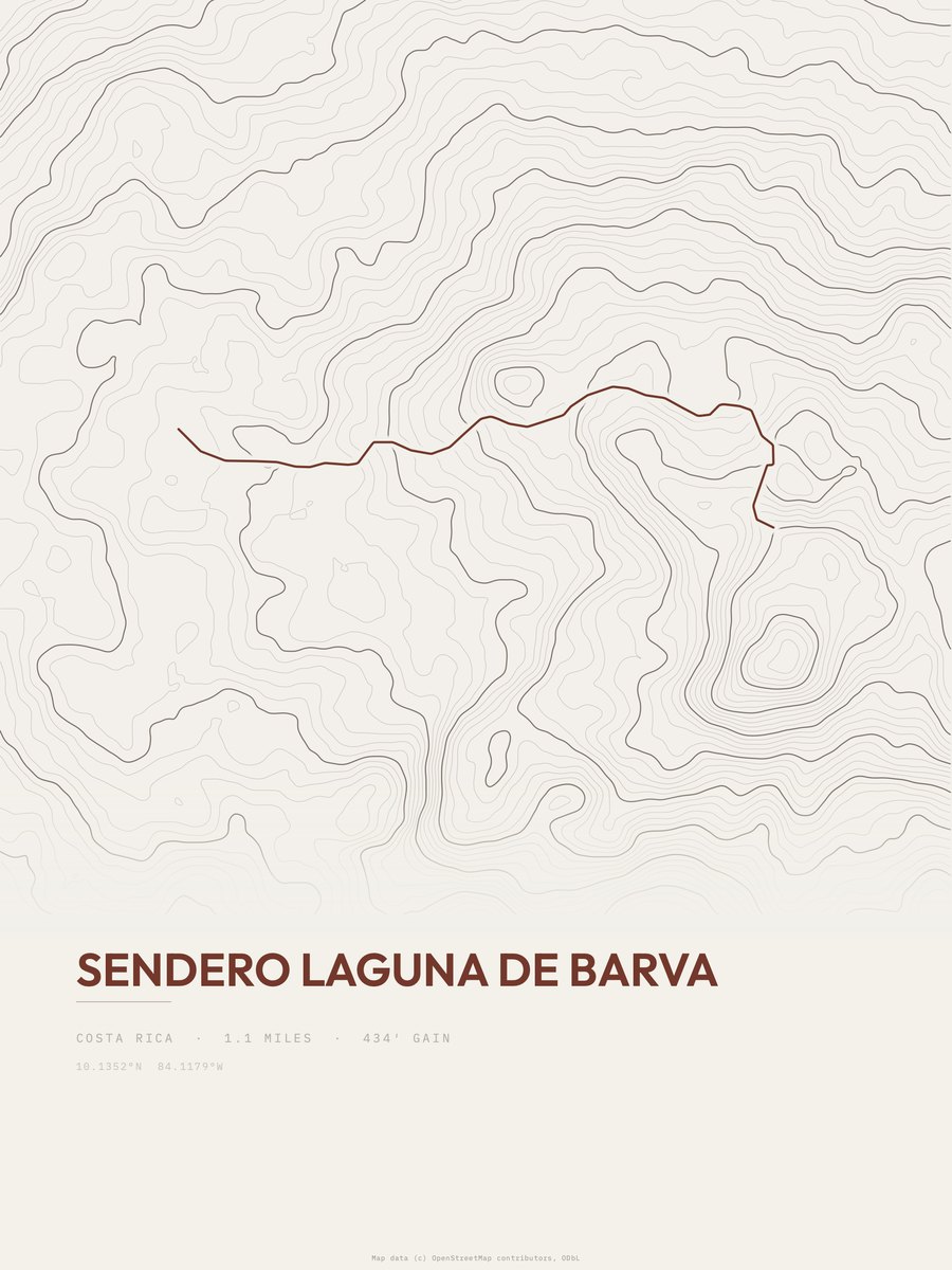 Sendero Laguna de Barva topographic trail print