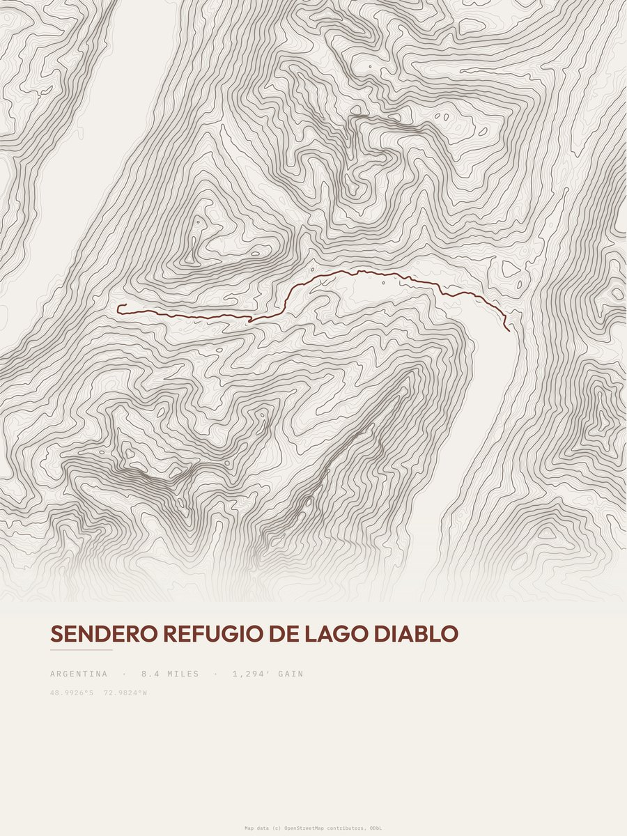 Sendero Refugio de Lago Diablo topographic trail print