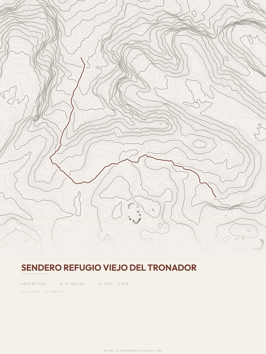 Refugio Viejo del Tronador topographic trail print