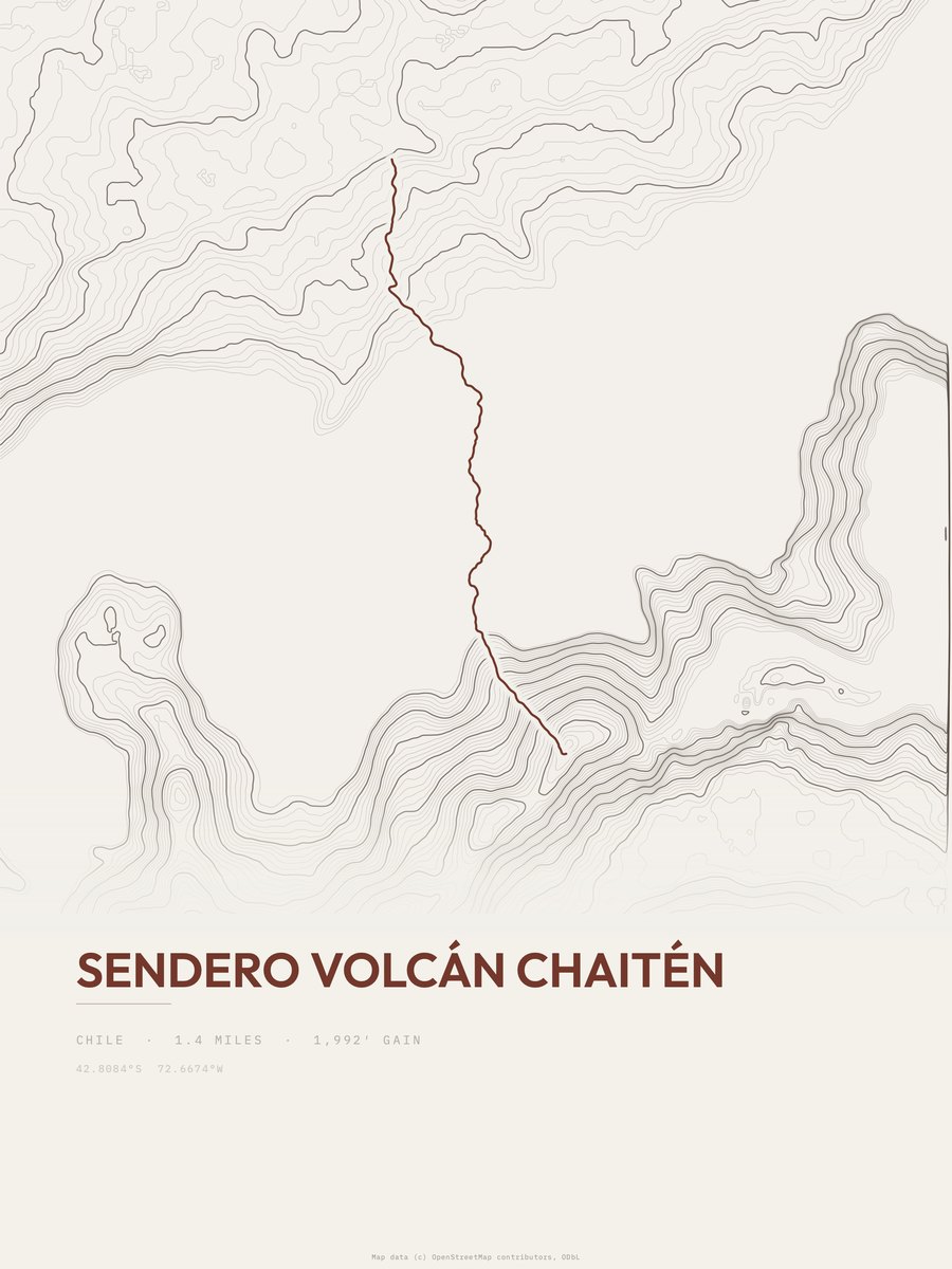 Sendero Volcán Chaitén topographic trail print