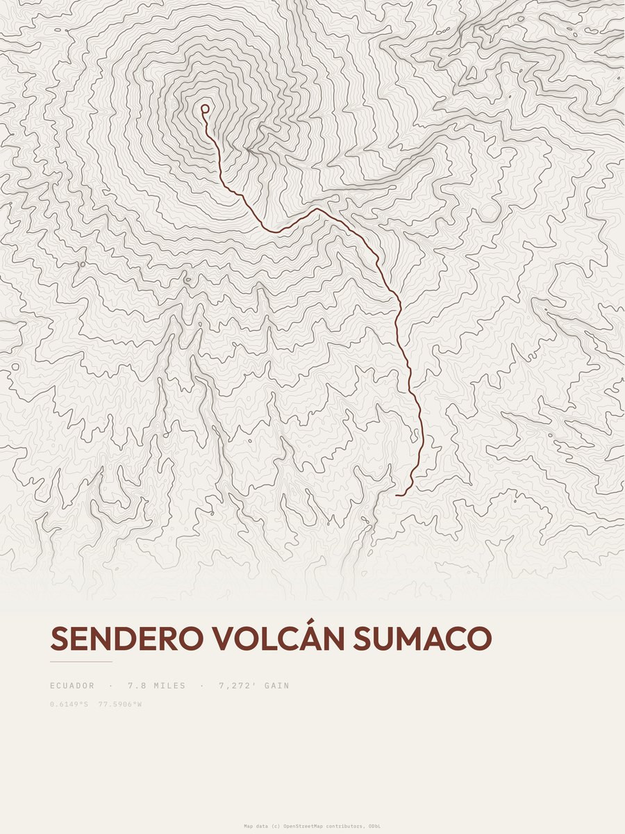 Sendero volcán sumaco topographic trail print