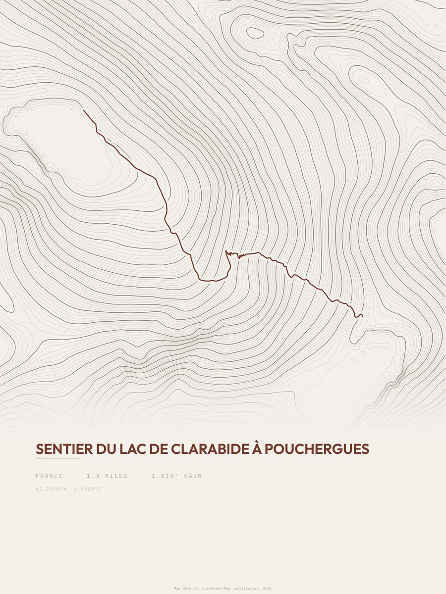 Lac de Clarabide à Pouchergues topographic trail print