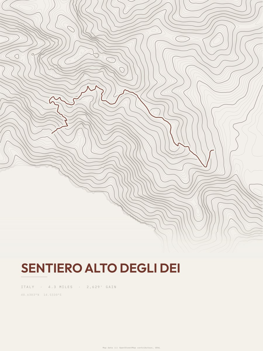 Sentiero alto degli dei topographic trail print