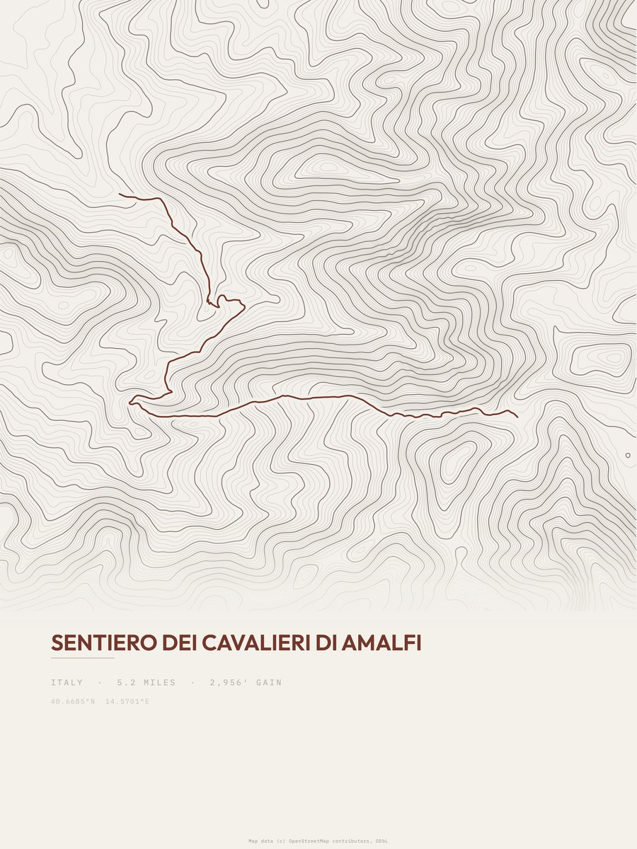 Sentiero dei cavalieri di Amalfi topographic trail print