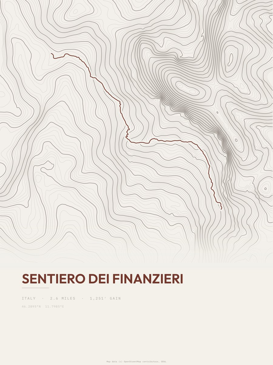 Sentiero dei Finanzieri topographic trail print