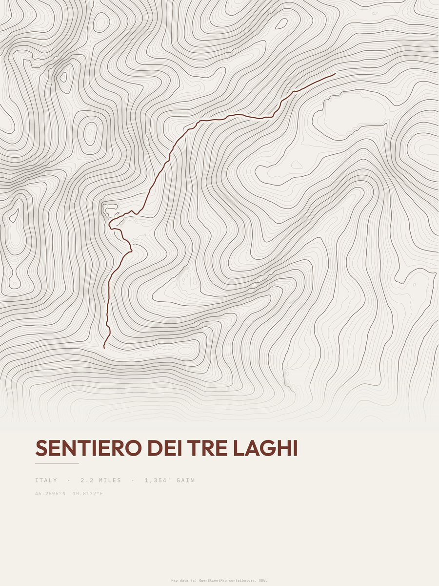 Sentiero dei Tre Laghi topographic trail print